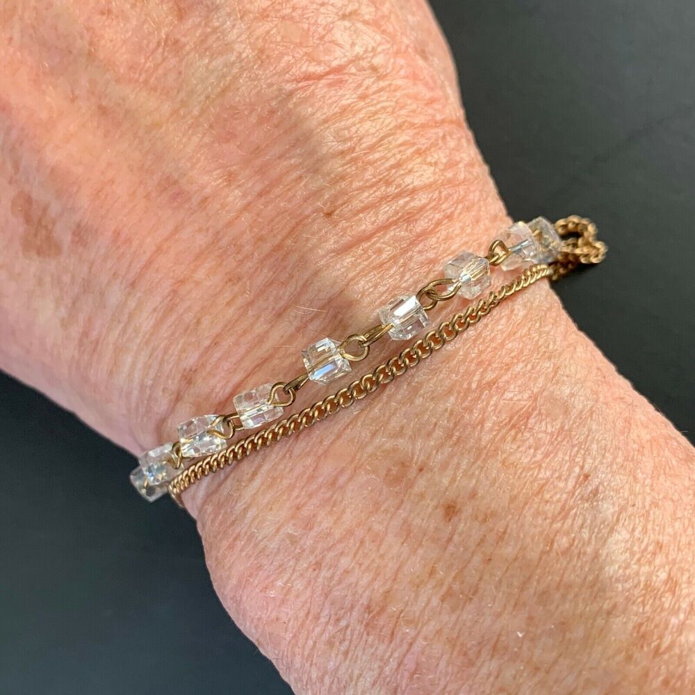 Multi Layer Antique Gold Tone Bracelet Clear Crystal Cube Beads Double Strand